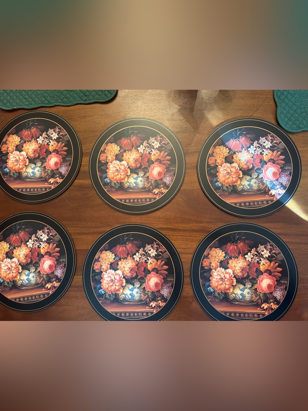 Pimpernel England Black Floral Round Placemat Set - Pink, Orange, Cream